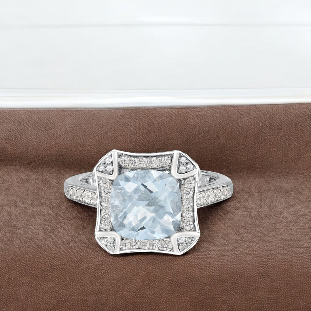 8.0mm Cushion-Cut Aquamarine and 1/4 CT. Diamond Frame Ring in Sterling Silver