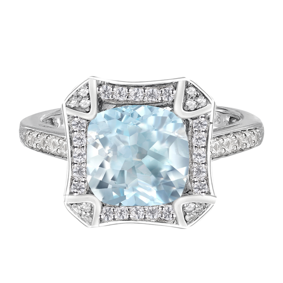 8.0mm Cushion-Cut Aquamarine and 1/4 CT. Diamond Frame Ring in Sterling Silver