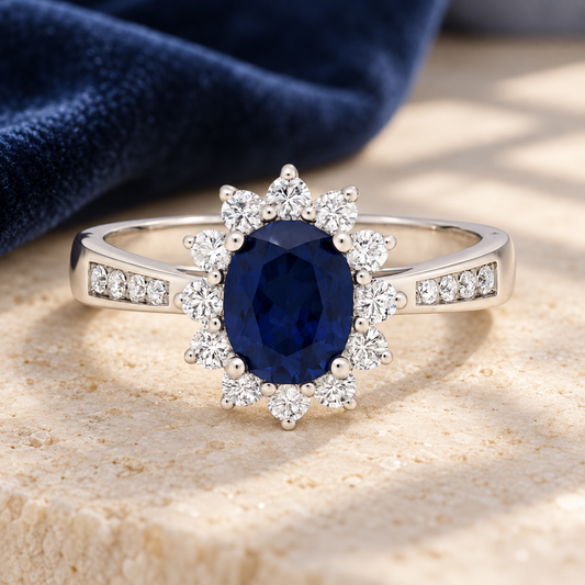 Sterling Silver Lab Created Blue & White Sapphire Oval Halo Ring