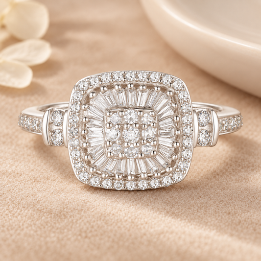 Elegant 75-Diamond Cushion Shape Ring with Round and Baguette Cut, 14K Gold Options (1/2 cttw, I-J, I2-I3)