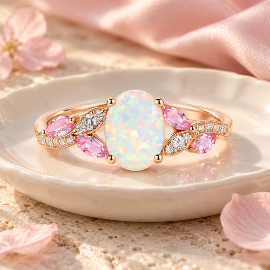 14K Rose Gold over Sterling Silver Lab Created Opal and Pink Sapphire Ring - view 2