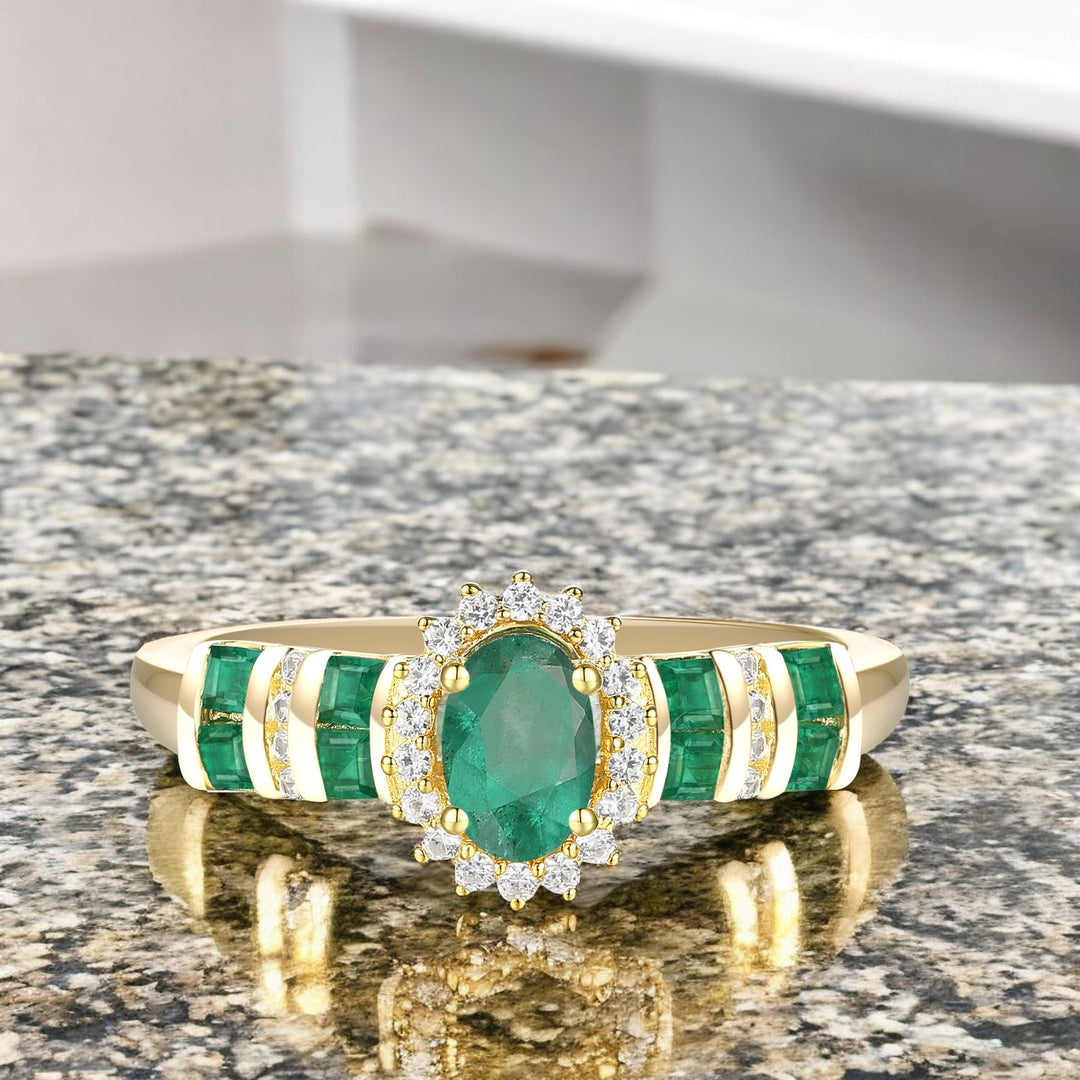 Elegant Genuine Emerald and Diamond Halo Ring in 14K Yellow Gold