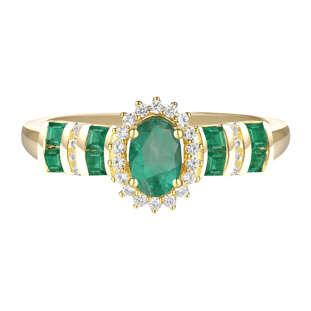 Elegant Genuine Emerald and Diamond Halo Ring in 14K Yellow Gold