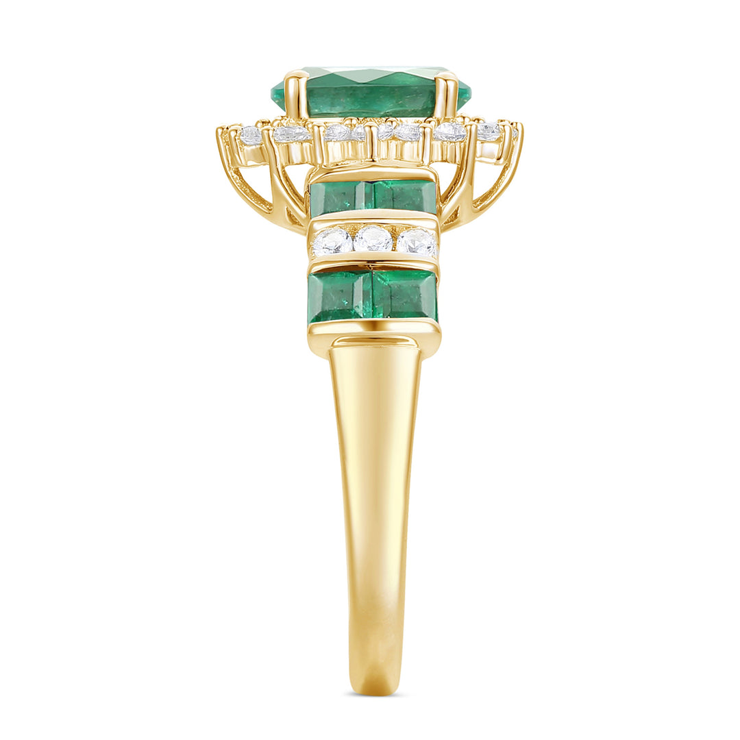 Elegant Genuine Emerald and Diamond Halo Ring in 14K Yellow Gold