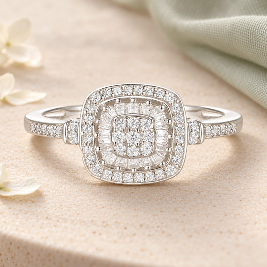 Diamond Cushion Shape Ring, Round and Baguette Diamond, 67 Natural Diamond Stones, 14K Rose Gold-plated Sterling Silver/14K Gold-plated Sterling Silver/Sterling Silver (1/4 cttw, I-J, I2-I3)