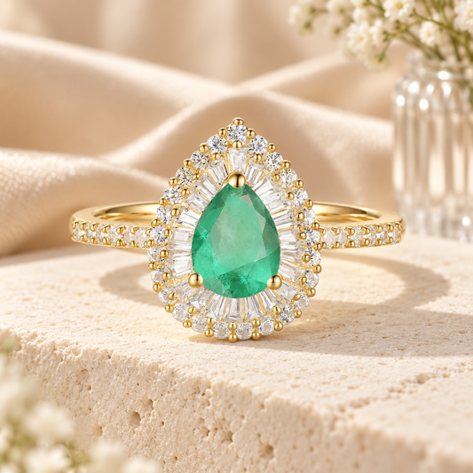 10K Genuine Emerald & 1/2 ct tw Diamond Pear Baquette Halo Ring - view 2
