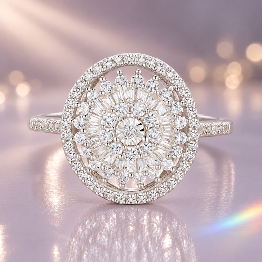 10K White Gold 1/2 ct tw Round and Baguette Diamond Oval Halo Ring (I-I2)