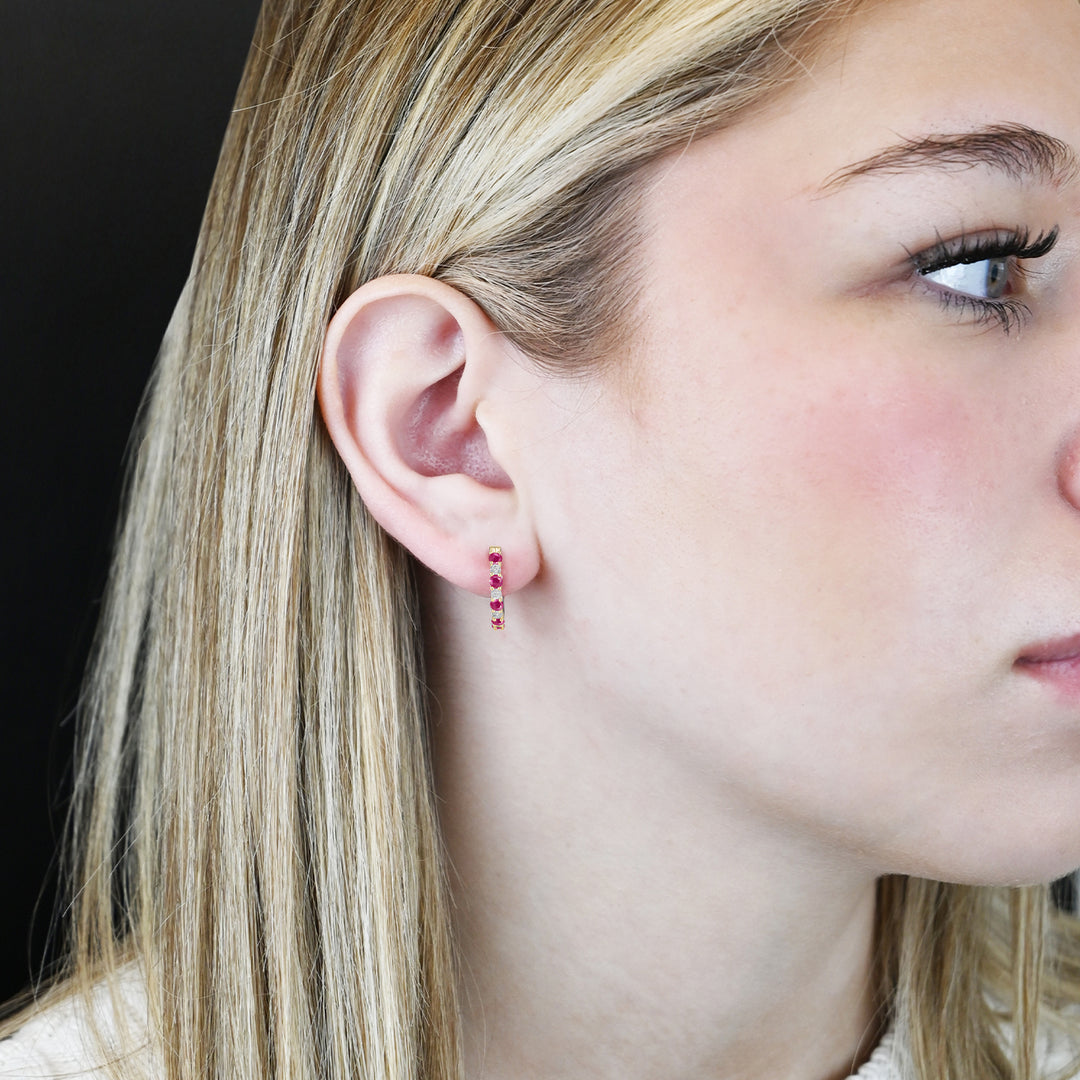 14K Yellow Gold Hoop Earrings with Ruby and White Sapphires