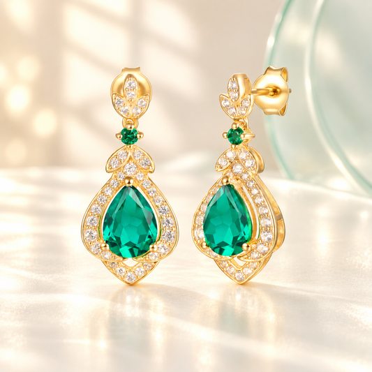 Tirafina Floral Drop Earrings Created with gemstones and white Sapphire Accents Gold Plated Silver Drop Earrings (7x5mm Stones)