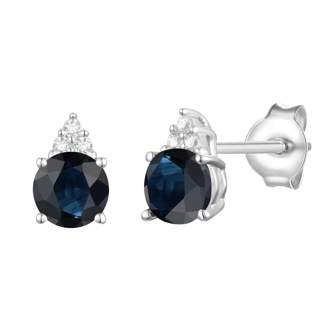 Elegant 14K Gold Stud Earrings with Diamonds and Sapphire – 4.5mm Stone