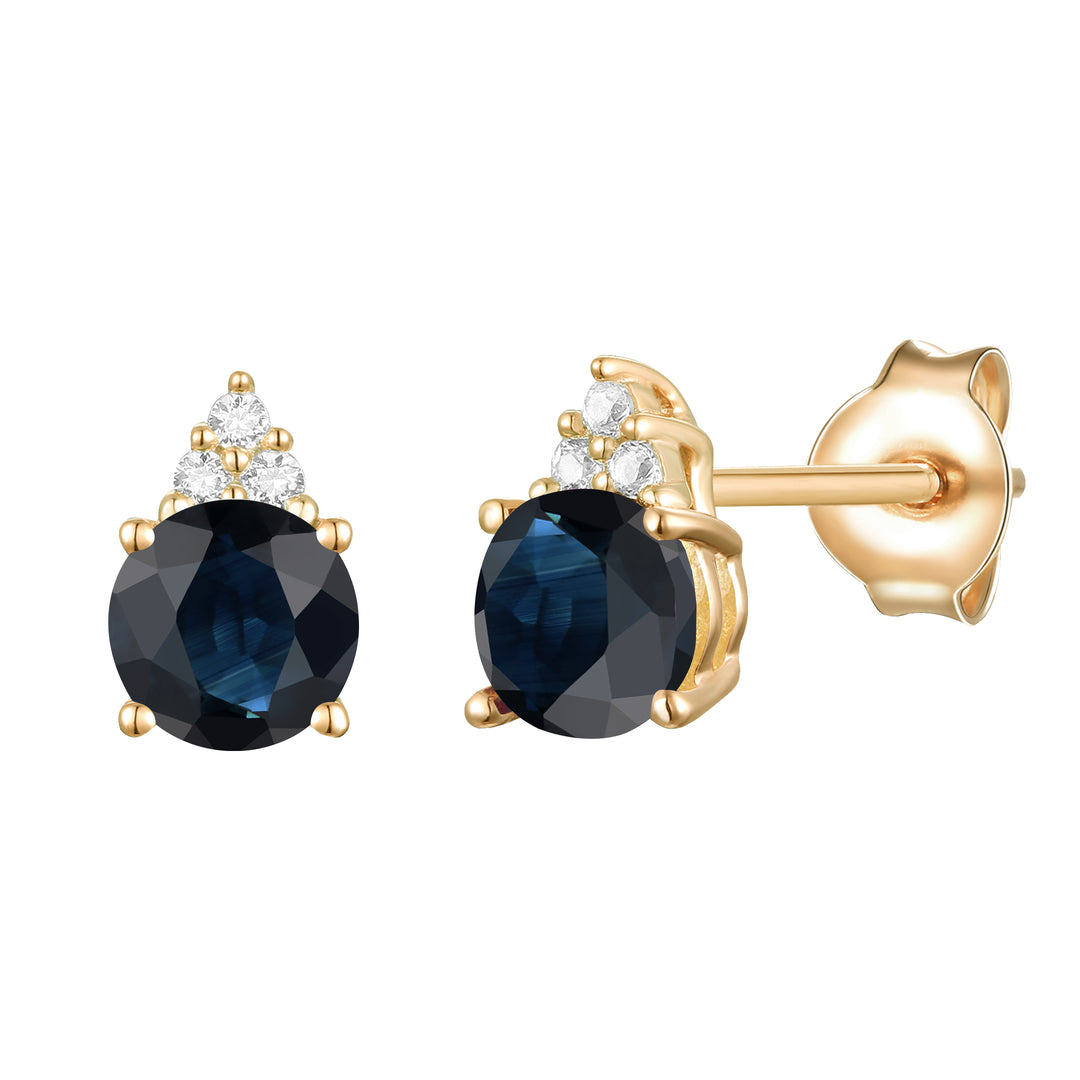 Elegant 14K Gold Stud Earrings with Diamonds and Sapphire – 4.5mm Stone