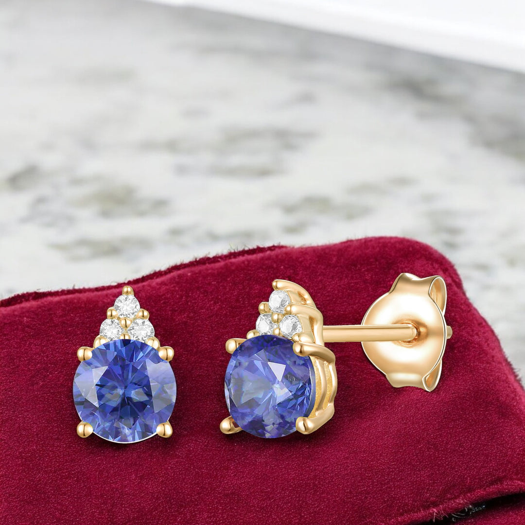 Elegant 14K Gold Stud Earrings with Diamonds and Tanzanite – 4.5mm Stone