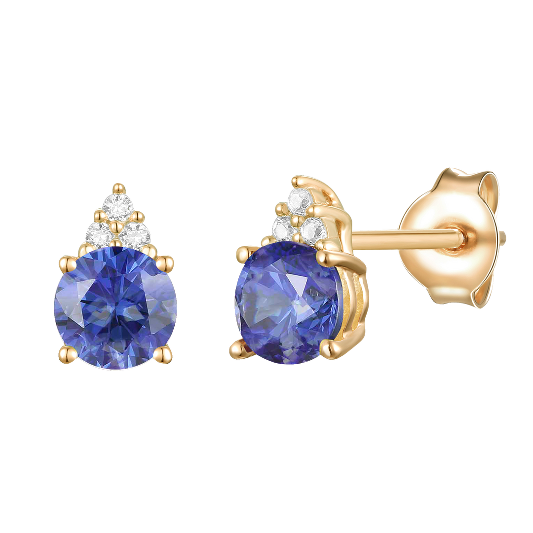 Elegant 14K Gold Stud Earrings with Diamonds and Tanzanite – 4.5mm Stone