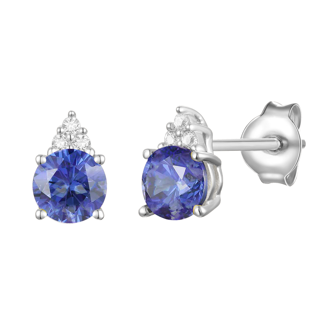 Elegant 14K Gold Stud Earrings with Diamonds and Tanzanite – 4.5mm Stone