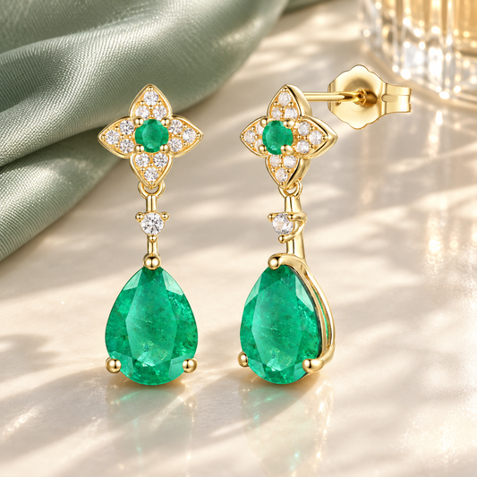 10K Genuine Emerald & 1/10 ct tw Diamond Pear Drop Earring - view 2