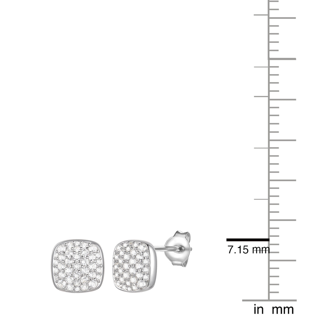 Sterling Silver 1/2 ct tw Diamond Cushion Shape Pavé Stud Earring (I-I2)