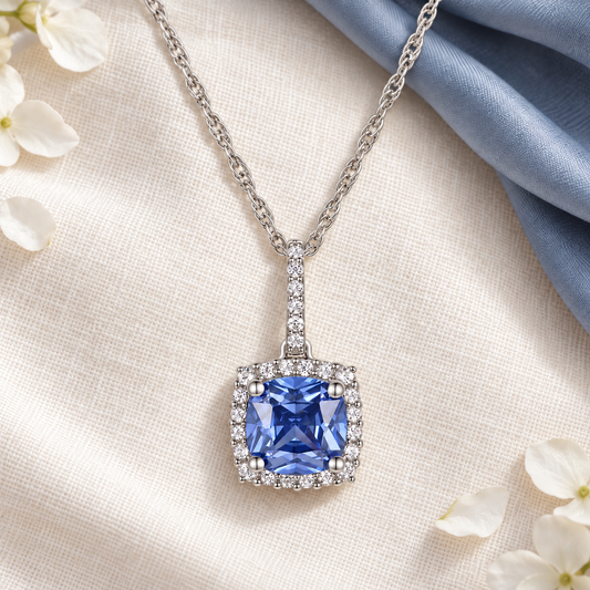 Cushion-Cut Tanzanite & Diamond Pendant in 14K White Gold (1/8 ct. tw.)
