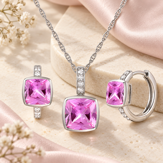 Sterling Silver Lab Created Blue, Pink, and White Sapphire Cushion Cut 2-piece Set
