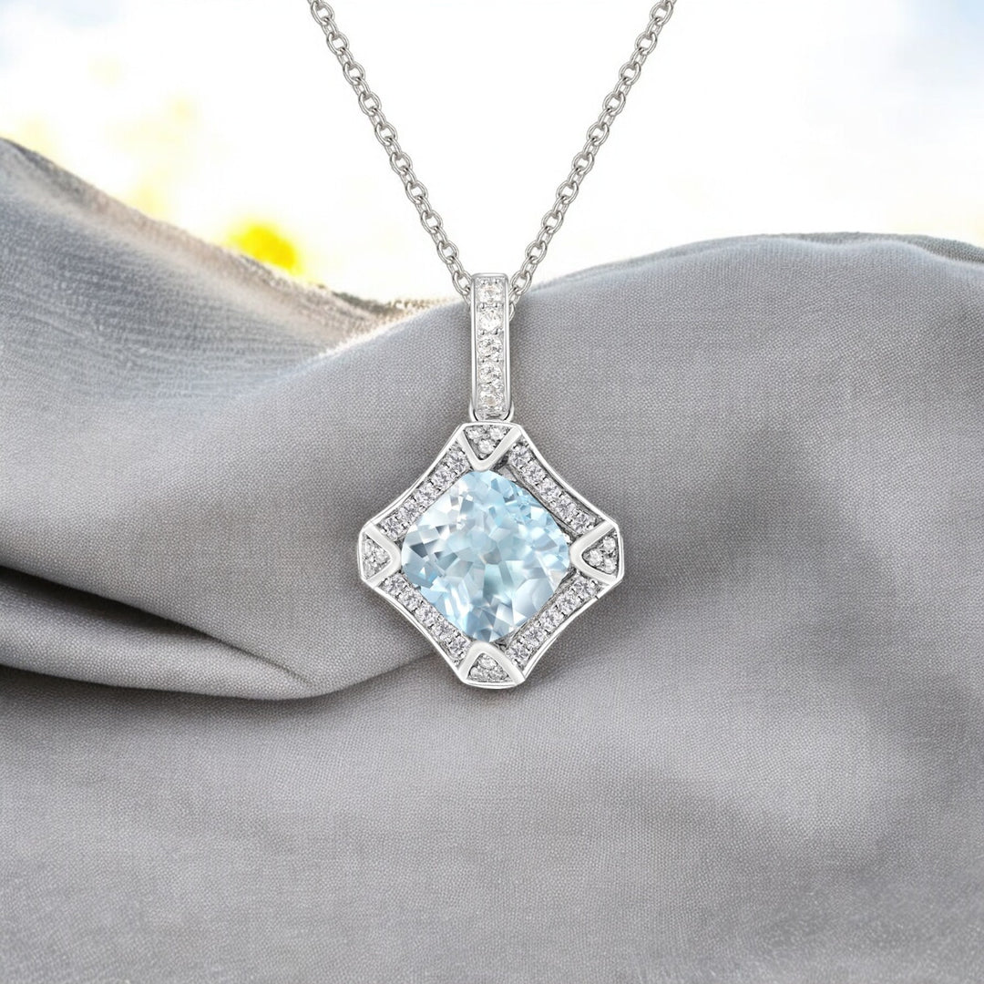 Vintage 8mm Cushion-Cut Aquamarine and 1/5 CTW Diamond Pendant in Sterling Silver