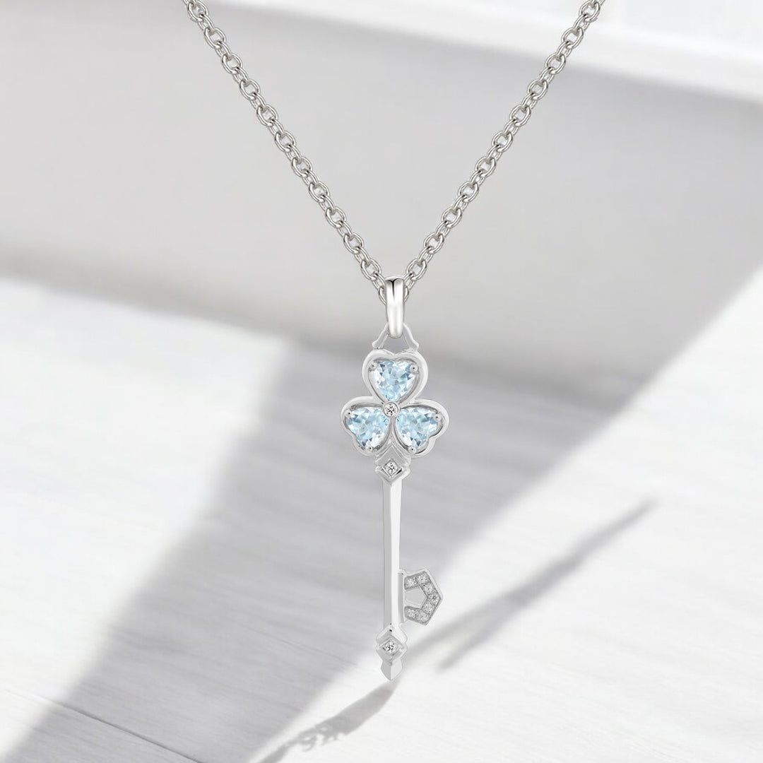 Aquamarine & Natural Diamond Accent Key Pendant in Sterling Silver