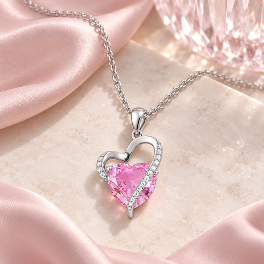 Sterling Silver Lab Created Pink & White Sapphire Heart Pendant Necklace