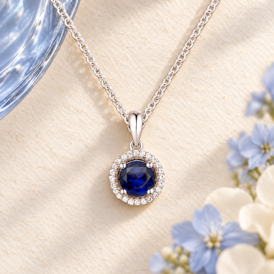 Elegant 10K White Gold Pendant with Genuine Sapphire and Diamonds – 5mm Stone, 18" Rope Chain