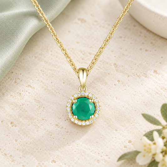 Elegant 10K Gold Pendant with Genuine Emerald and Diamonds – 5mm Stone, 18" Rope Chain