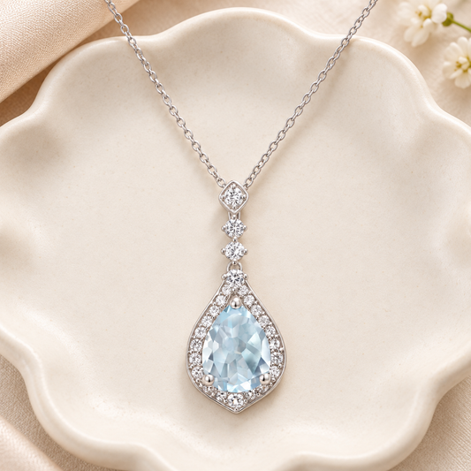 Sterling Silver 8X6 Pear-Cut Aquamarine and White Sapphire Pendant