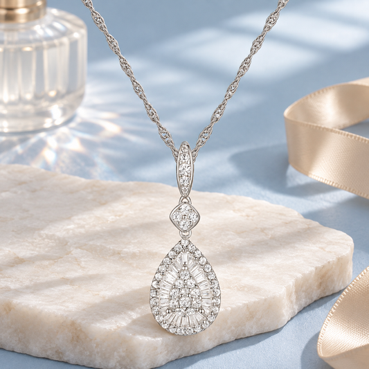 10K White Gold 1/2 ct tw Diamond Pear Drop Pendant with 18" Chain