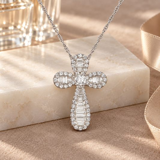 10K White Gold 1/2ct tw Diamond Baguette Cross Pendant with 18" Chain