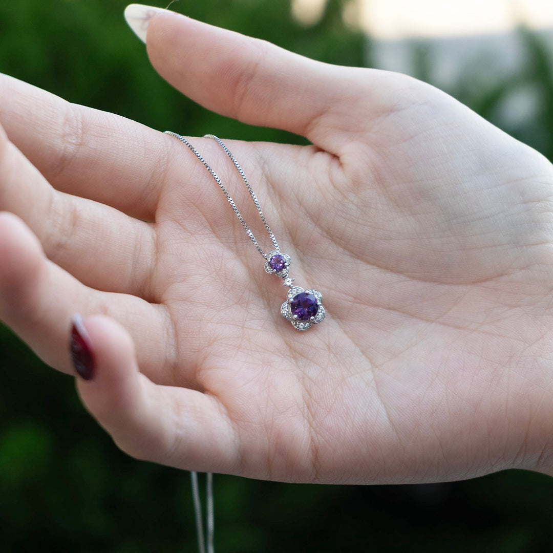 Sterling Silver Genuine Amethyst or Lab Created Opal & White Sapphire Flower Pendant Necklace