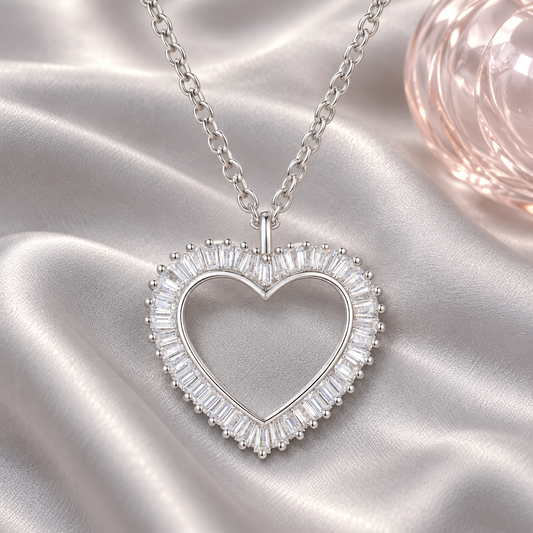Open Heart Baguette Cut White Natural Diamond Necklace In Sterling Silver and Yellow Gold Plated 1/3 CTTW I - I2