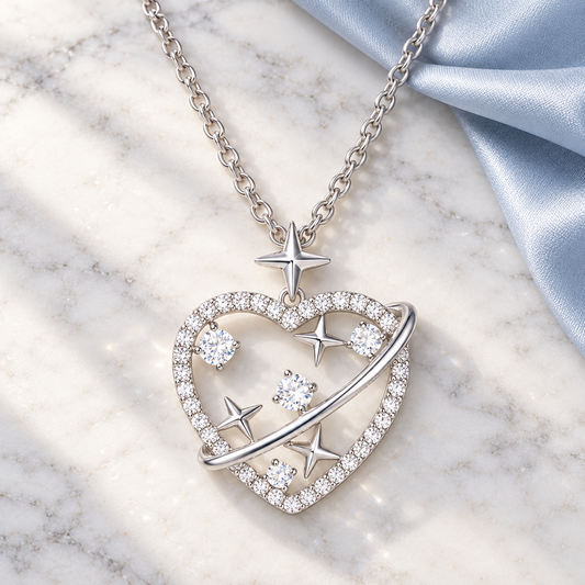 Heart Pendant Necklace Sterling Silver Love Heart Lab Grown Diamond F-G /VS1 VS2 Heart & Star Necklace 1/3 CTTW F-G / VS1 VS2