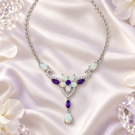 Sterling Silver Genuine Amethyst with Lab Created Opal & White Sapphire 17 Inch Necklace