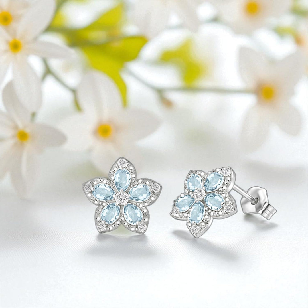 Sterling Silver Genuine Aquamarine & White Topaz Flower Stud Earrings