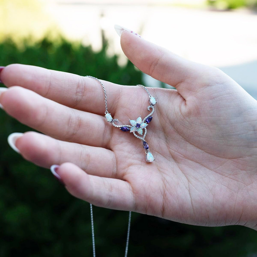 Sterling Silver Genuine Amethyst with Lab Created Opal & White Sapphire 17 Inch Necklace