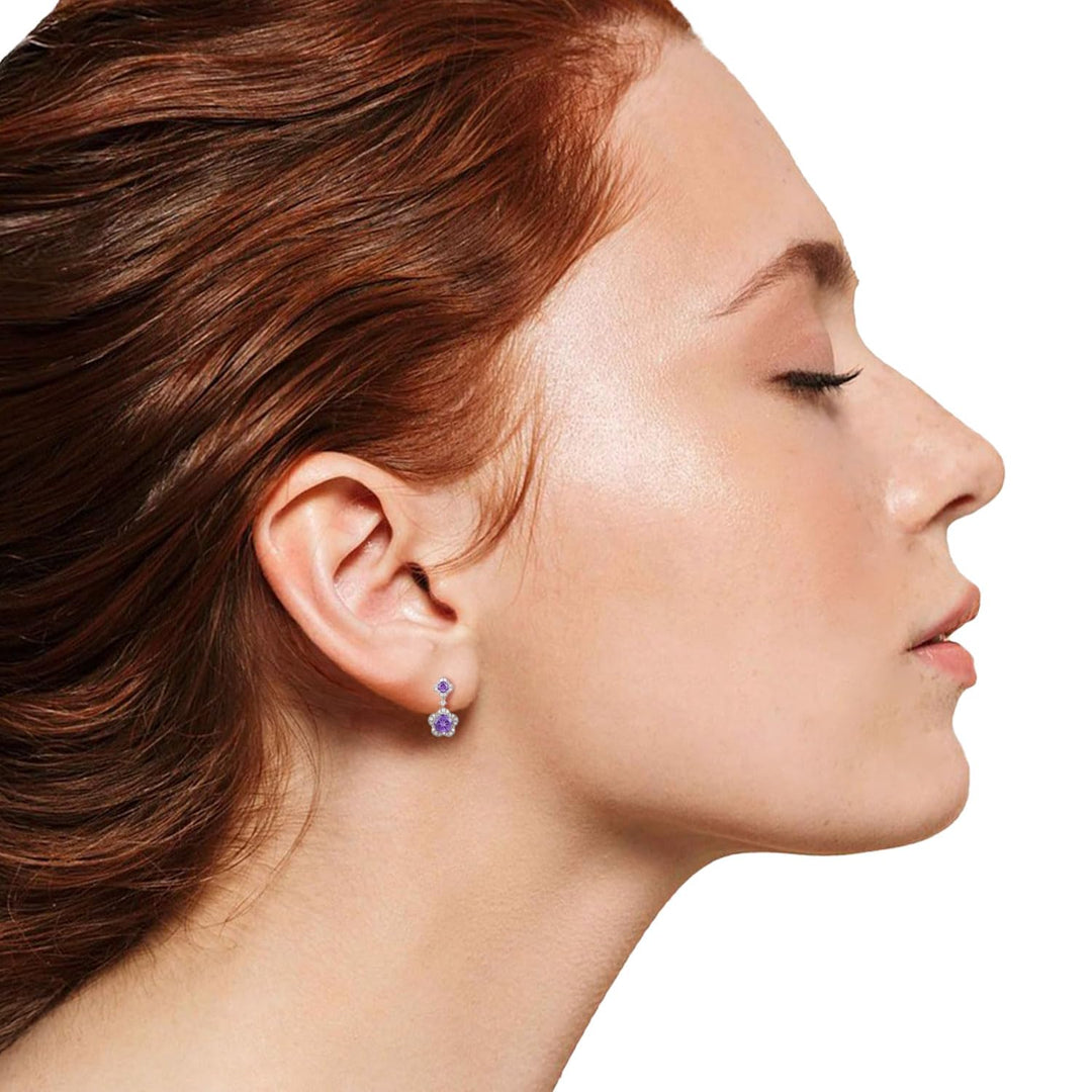 Sterling Silver Genuine Amethyst or Lab Created Opal & White Sapphire Flower Dangle Earrings