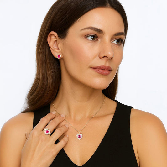 Lab Created Ruby and White Sapphire in 14K Yellow Gold Over Sterling Silver 3-piece Heart Set