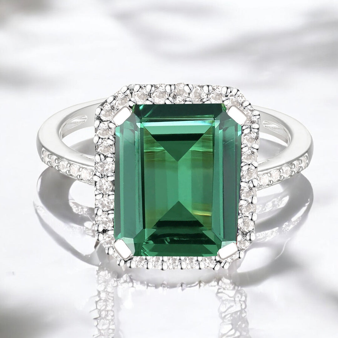 Sterling Silver 10X8 Emerald Cut Lab Created Gemstone And White Sapphire Ring