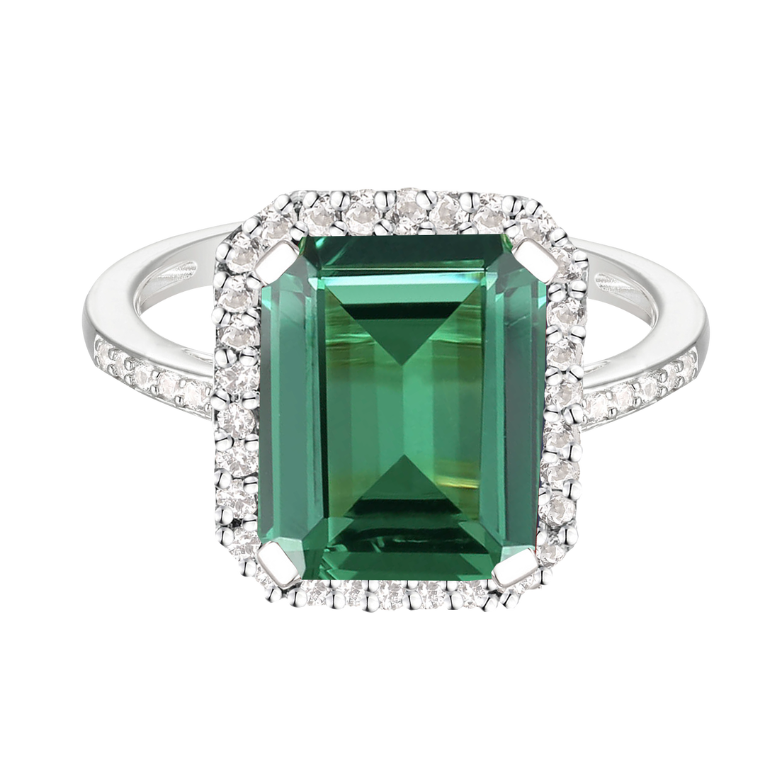 Sterling Silver 10X8 Emerald Cut Lab Created Gemstone And White Sapphire Ring