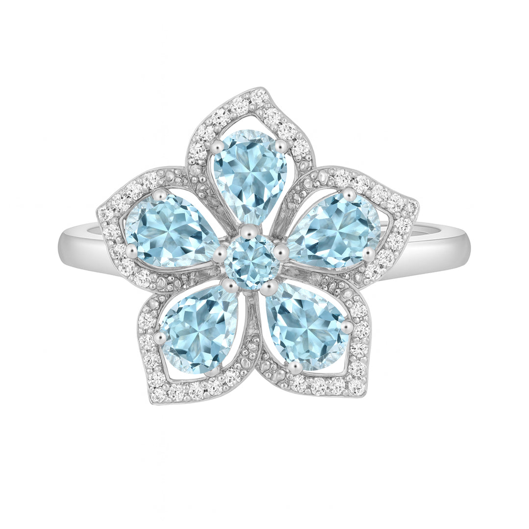 Sterling Silver Genuine Aquamarine & White Topaz Flower Ring
