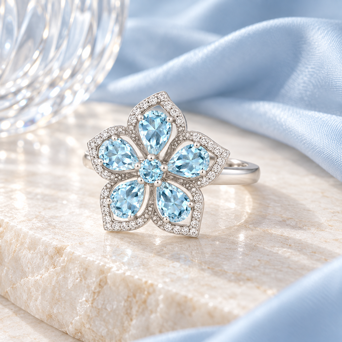 Sterling Silver Genuine Aquamarine & White Topaz Flower Ring