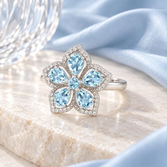 Sterling Silver Genuine Aquamarine & White Topaz Flower Ring