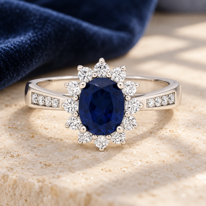 Sterling Silver Lab Created Blue & White Sapphire Oval Halo Ring