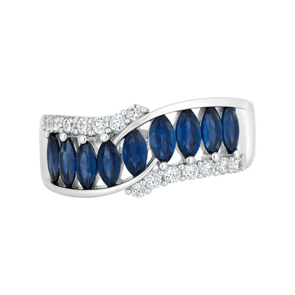 Sterling Silver Lab Created Blue & White Sapphire Marquise Wave Band Ring