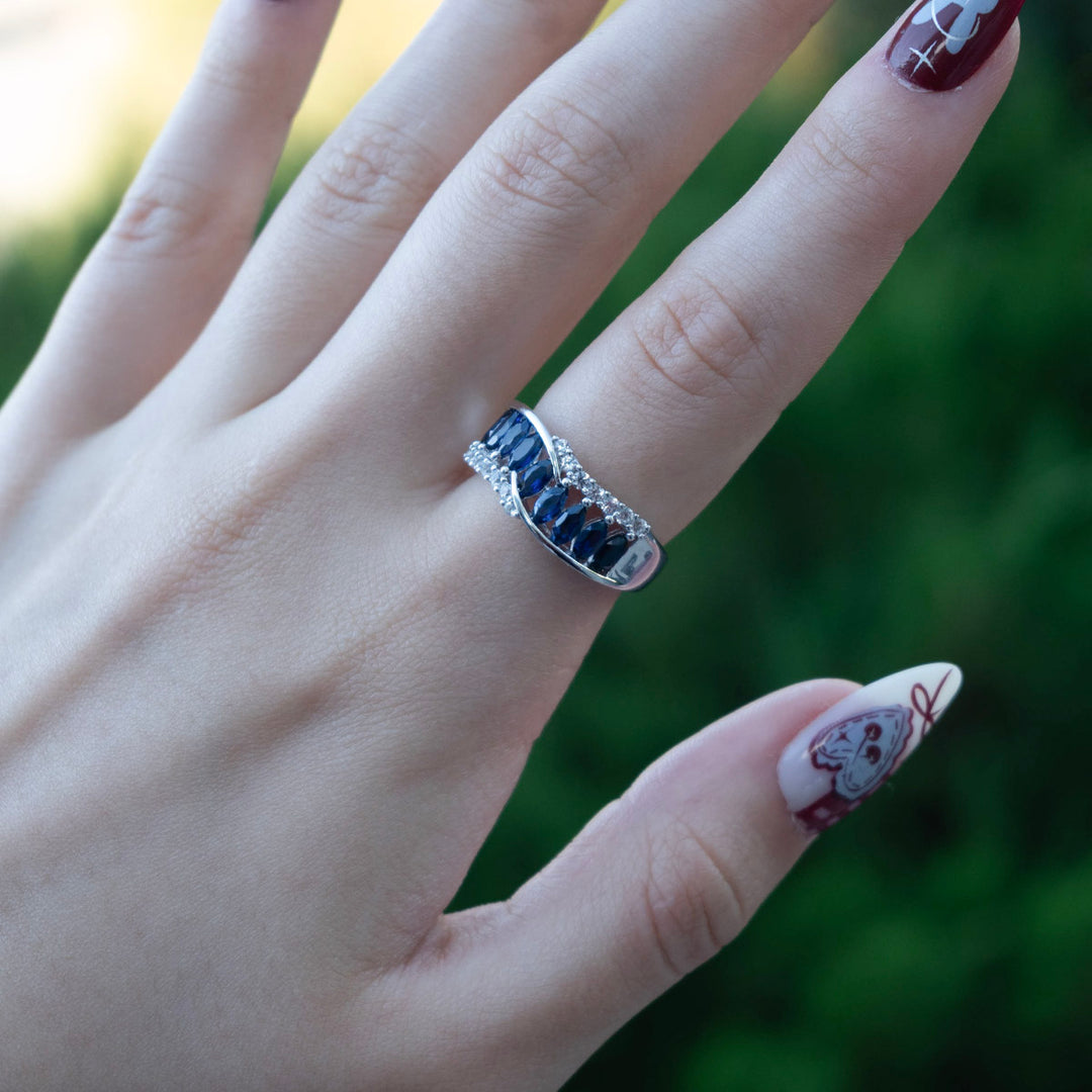 Sterling Silver Lab Created Blue & White Sapphire Marquise Wave Band Ring