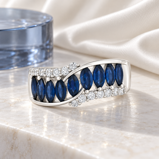 Sterling Silver Lab Created Blue & White Sapphire Marquise Wave Band Ring