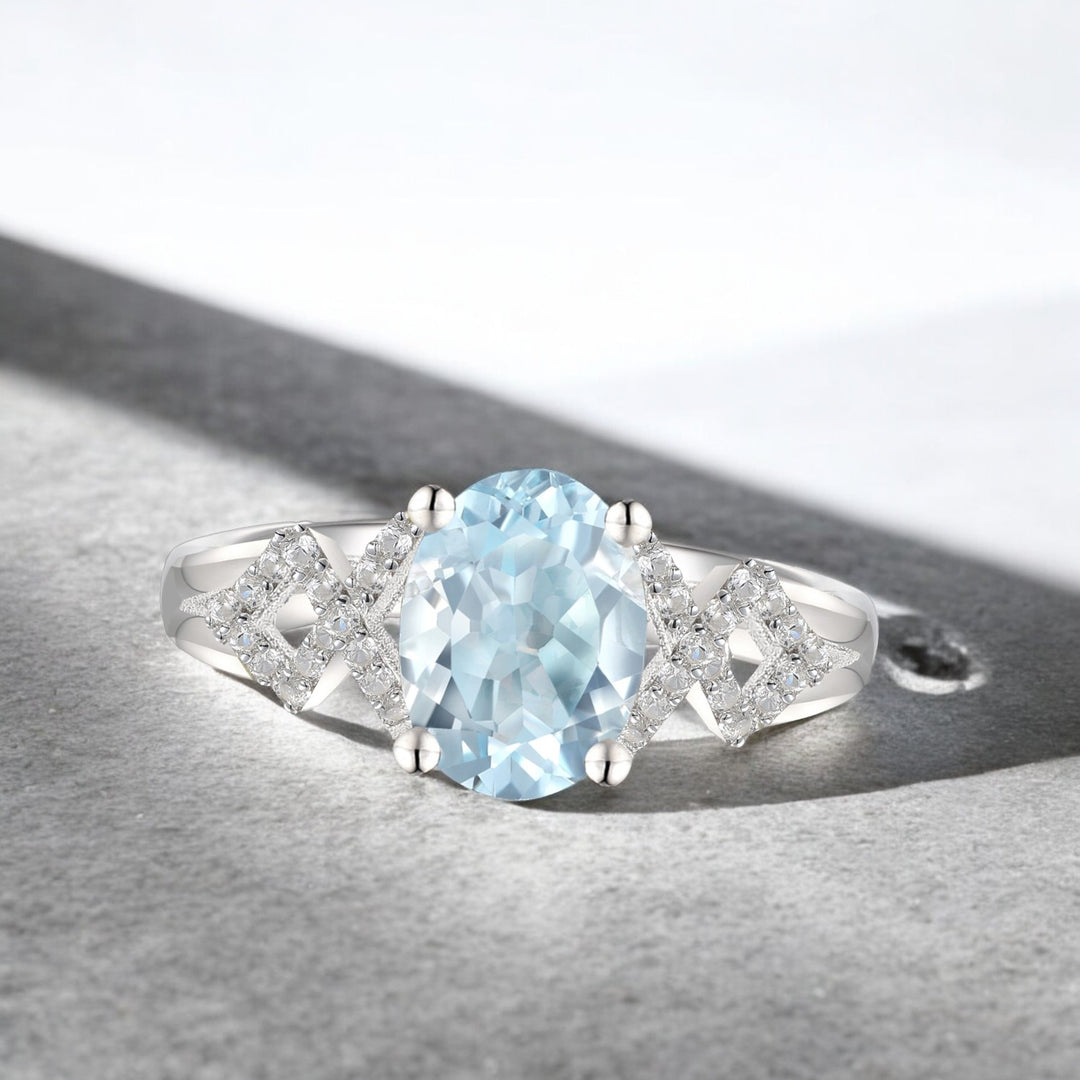 Vintage Sterling Silver Oval Aquamarine Ring with White Sapphires