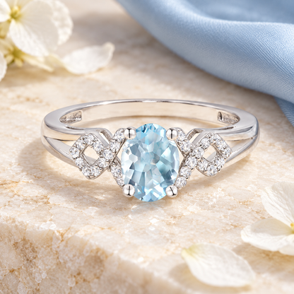 Vintage Sterling Silver Oval Aquamarine Ring with White Sapphires