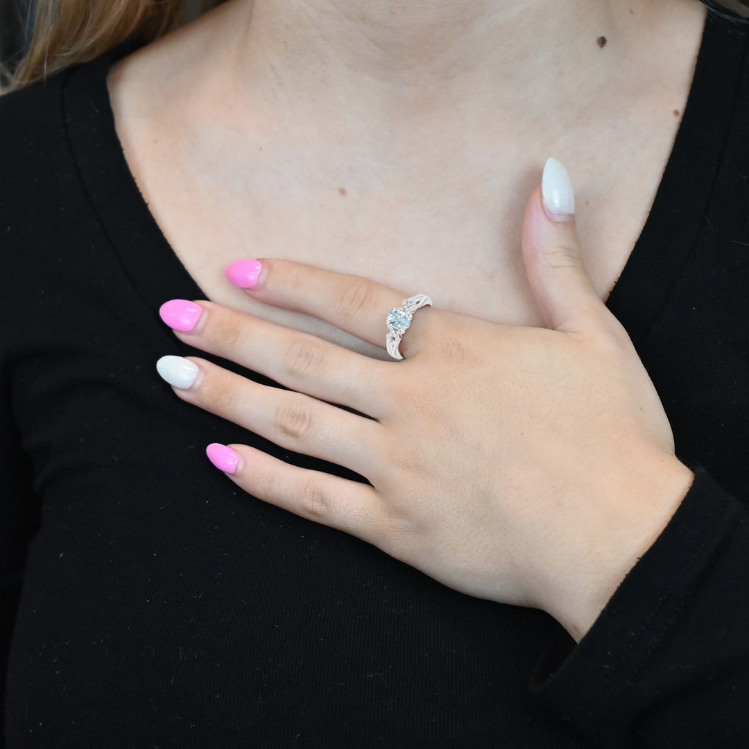 Vintage Sterling Silver Oval Aquamarine Ring with White Sapphires